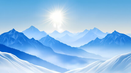 Fototapeta premium The sun shining brightly, snow-capped mountains distance,.snowy range; foreground, mountains in pristine capsence. Snowy Mountain Vista. Illustration