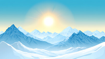 Fototapeta premium The sun shining brightly, snow-capped mountains distance,.snowy range; foreground, mountains in pristine capsence. Snowy Mountain Vista. Illustration