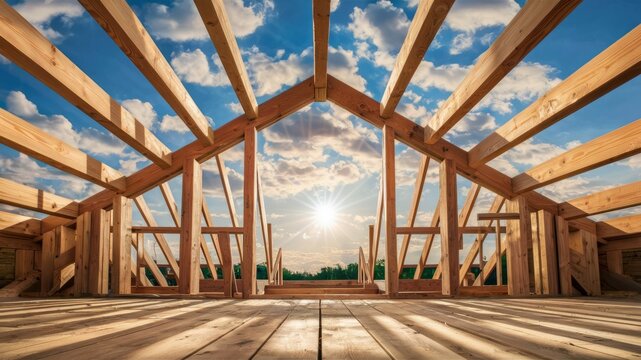 Building Framework: The sturdy framework of a new building stands against a backdrop of a bright sky. Capturing construction and architectural development.