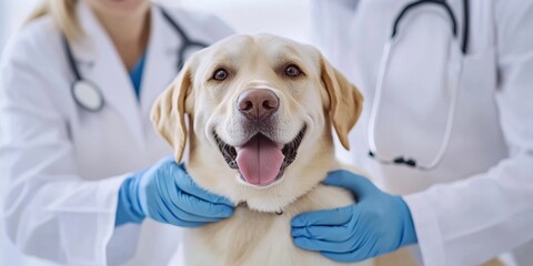 In a warm clinic, a caring veterinarian interacts joyfully with a loving dog, highlighting the strong trust and bond between pets and their dedicated healthcare providers in veterinary care