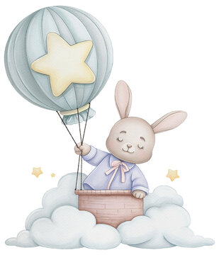 Cute hare in pajamas flying in a hot air balloon