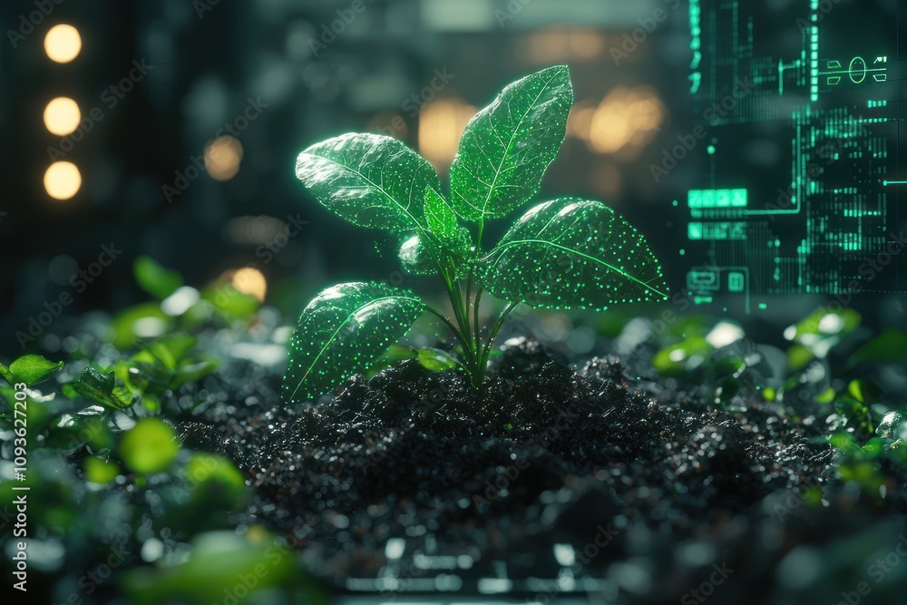 Poster a futuristic green sprout illuminated with glowing particles