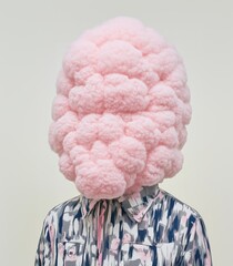 Pink Cloud-Head Creative Costume for Surreal Editorial Covers, Fashion Campaigns, Artistic Installations, Unique Poster Designs, Conceptual Art Exhibits, and Whimsical Holiday Displays.