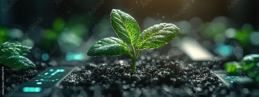 Poster a green sprout emerging from dark soil with futuristic technology