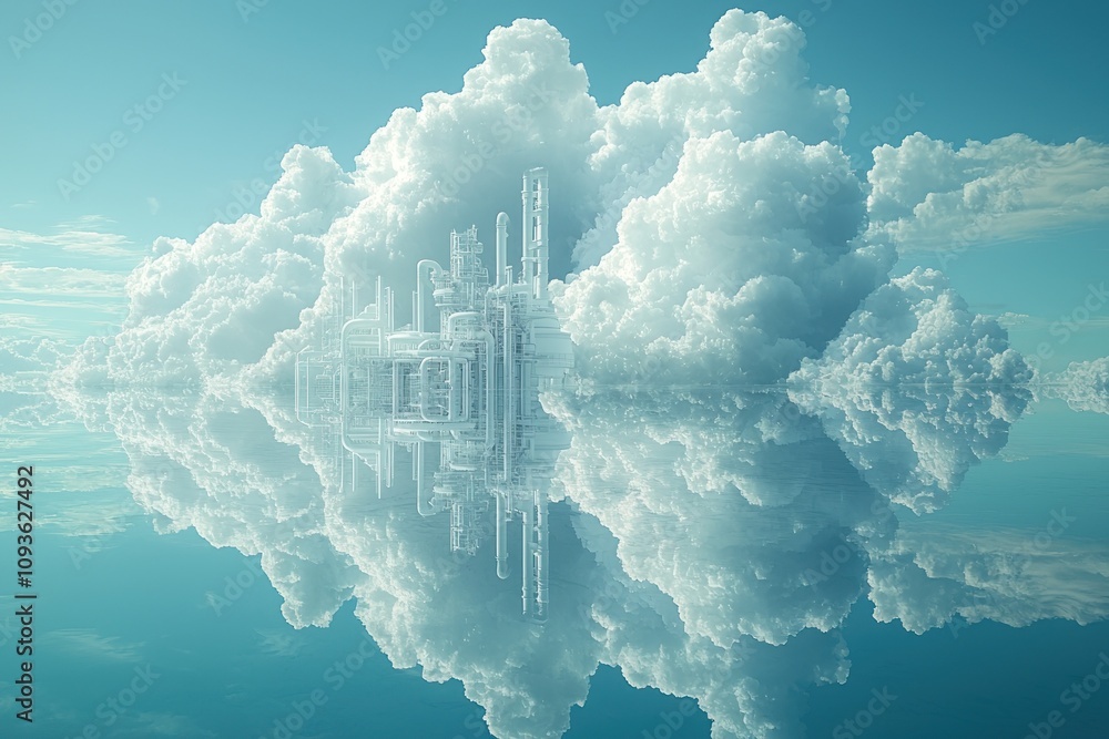 Poster a white industrial structure floating in the sky surrounded by clouds