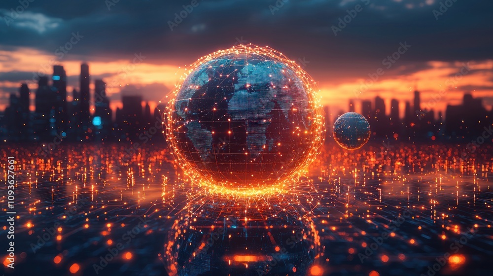 Poster a glowing digital globe with a cityscape skyline and sunset behind it.