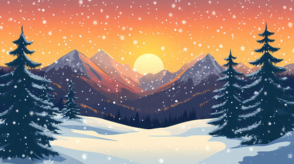A panoramic view of a snowy mountain range at sunset. Snowy Mountain Vista. Illustration