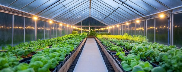 Soft ambient lighting in a greenhouse, enhancing nighttime plant care