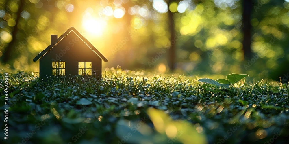 Poster silhouette of a house in a green grassy meadow with sunlight filtering through trees