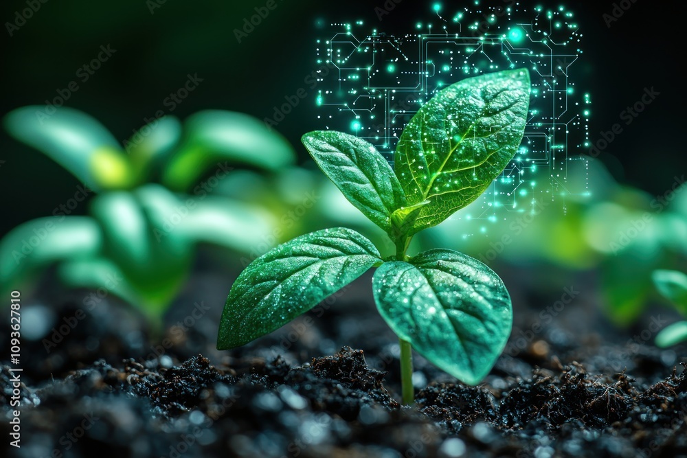 Aufkleber A Green Sprout Emerging from the Soil with a Digital Circuit Overlay