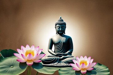 Buddha Meditating in Peaceful Reflection Surrounded by Blooming Lotus on Earthy Background for Spiritual Harmony and Zen Calm