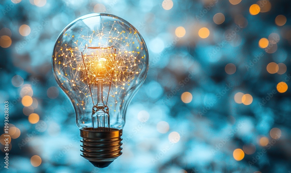 Poster Glowing Lightbulb with Network of Filaments Against Blue Bokeh Background