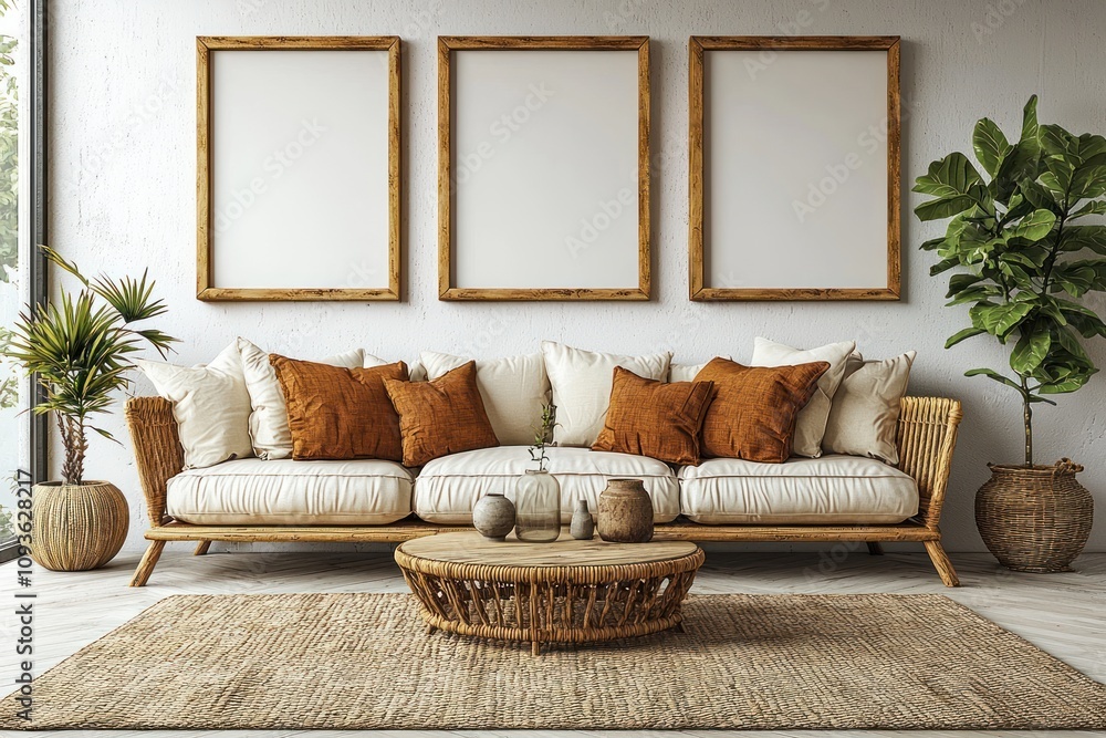 Aufkleber bohemian living room with wicker couch and empty frames