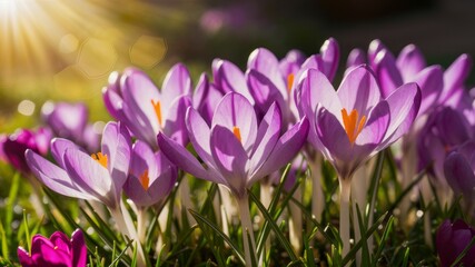 Spring's Embrace: A close-up capture of vibrant purple crocus flowers basked in the gentle glow of sunlight. This image embodies the freshness and delicate beauty of springtime.