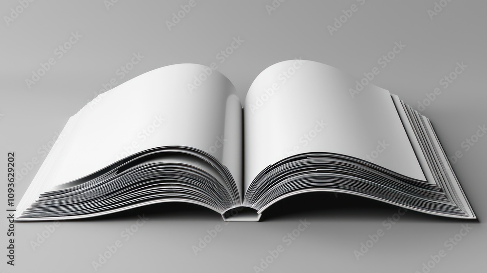 Poster Open Book with Blank Pages and Visible Spine on Gray Background