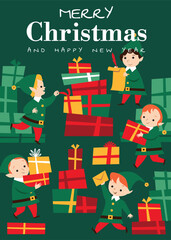 Merry Christmas and happy new year greeting card with Santa's elves holding holiday gifts on a green background. Pile of boxes. Holiday banner with lettering. Vector illustration in cartoon style