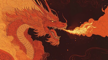Fiery red dragon breathing fire, detailed illustration.