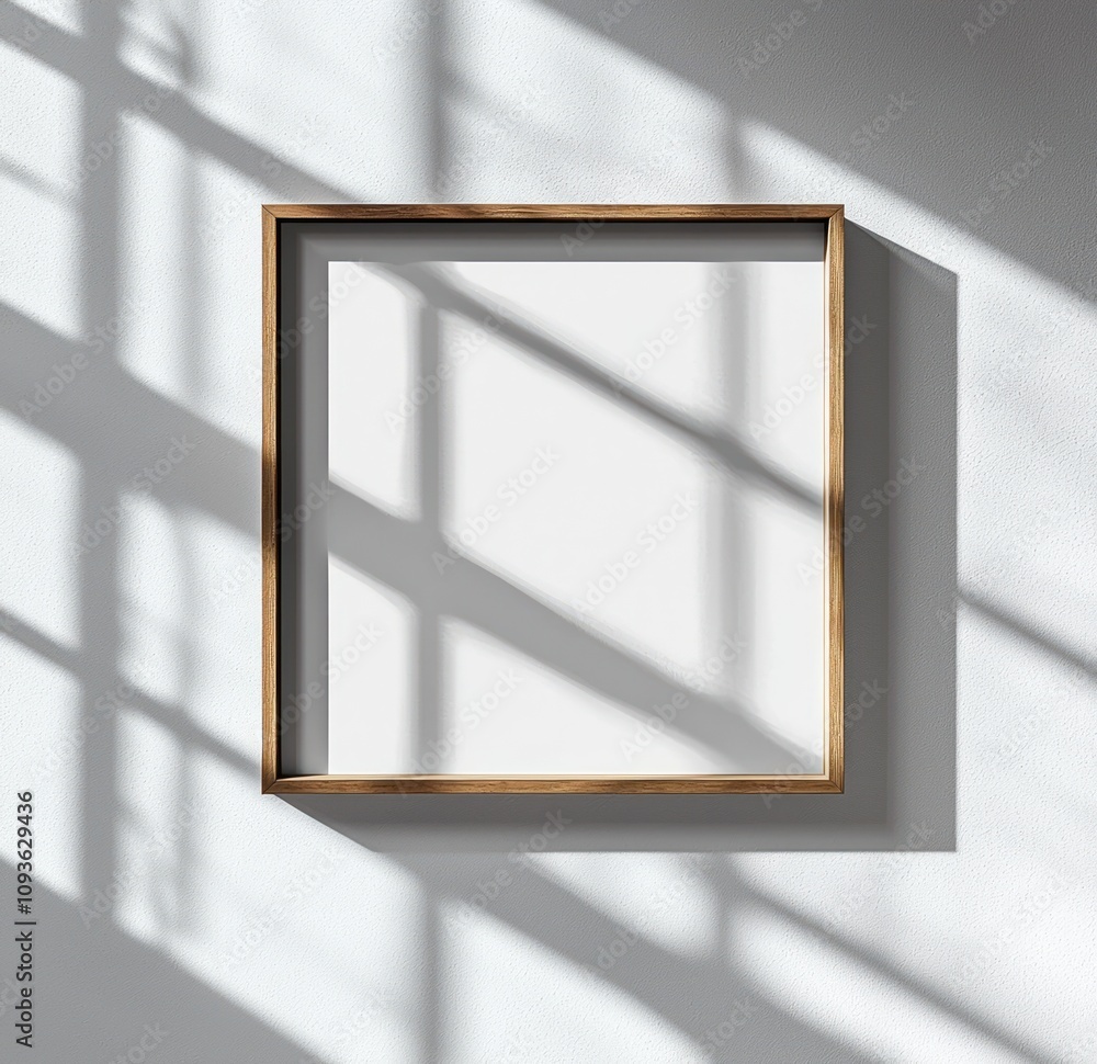 Poster a blank picture frame hanging on a white wall with window light casting shadows