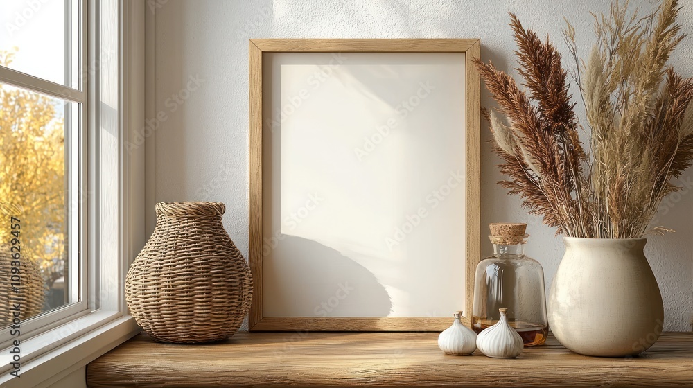 Poster wooden frame with decorative objects on a windowsill
