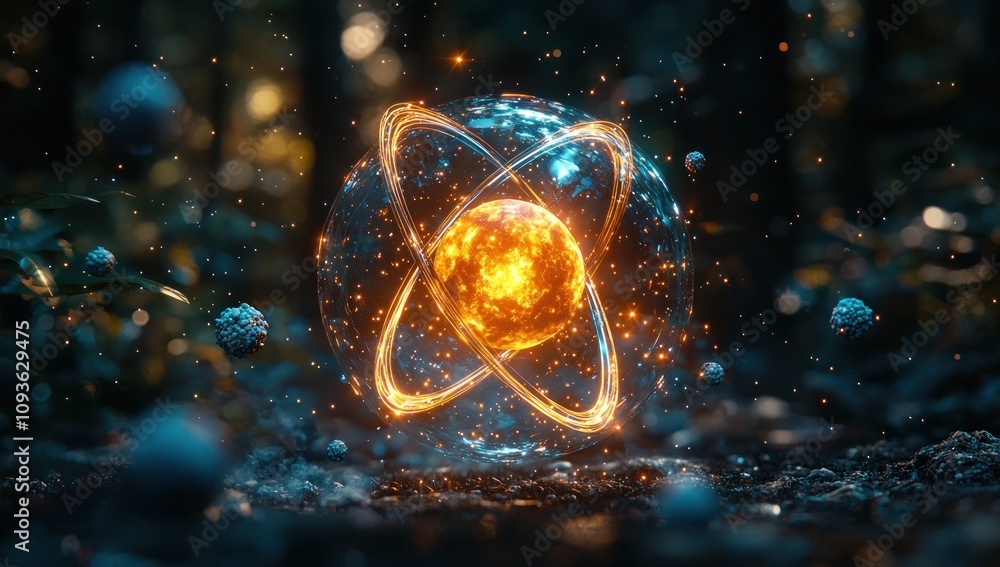 Aufkleber glowing sphere with orbiting rings in a forest setting