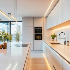 Soft under-counter LED lighting in a luxury kitchen, subtle and functional