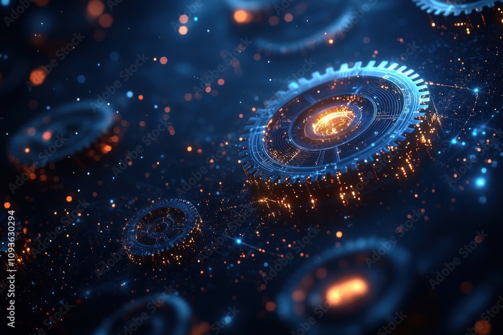 Poster glowing mechanical gears in a dark blue abstract background