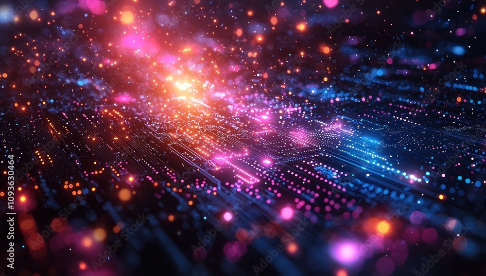 Poster Abstract Neon Circuit Board with Bokeh Lights