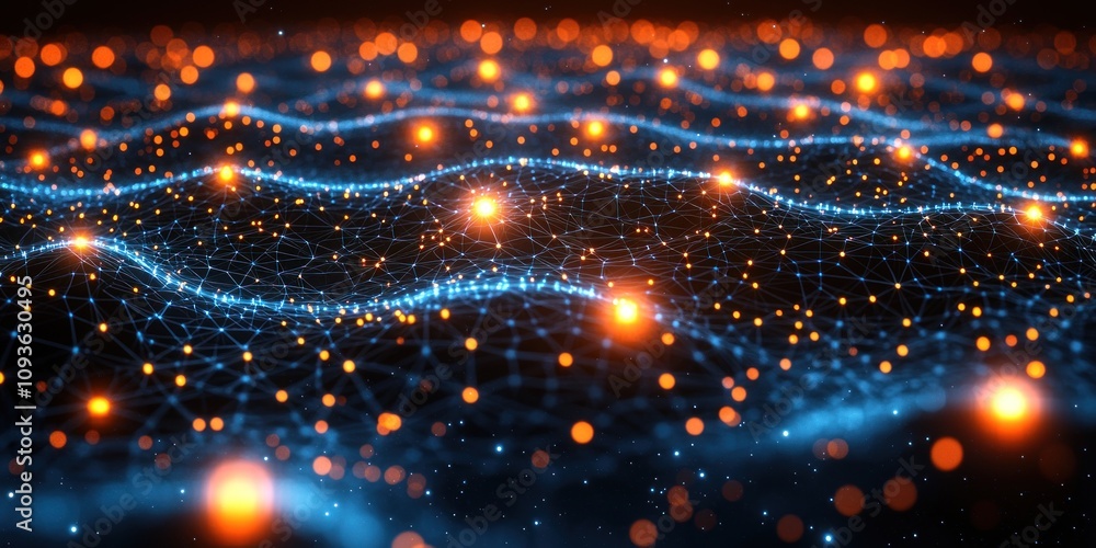 Poster abstract network of glowing blue and orange lines and points