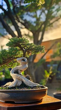 A miniature juniper bonsai tree sits on a wooden table in a garden setting during the afternoon
