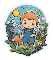 little boy, landscape, mushroom, ornament sticker