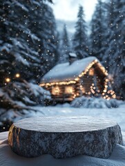 Fototapeta premium A round empty podium in the middle of a snowy Christmas landscape with a cozy hut and lights in the background.