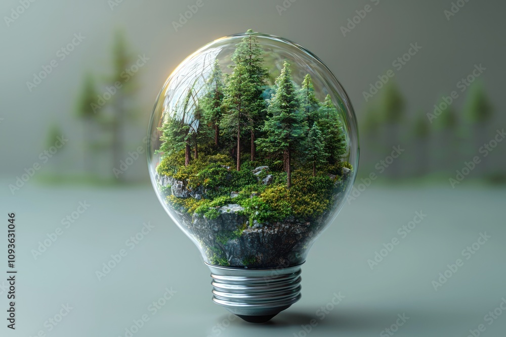 Poster a miniature forest enclosed within a light bulb