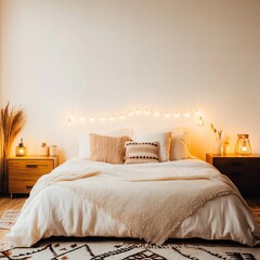Subtle lighting in a bohemian bedroom, cozy and low-intensity