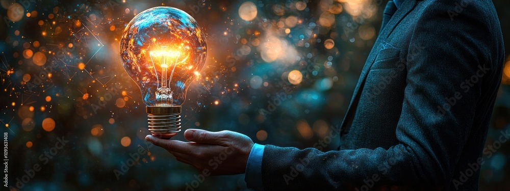 Poster a hand holding a glowing light bulb with sparks and a blurred background