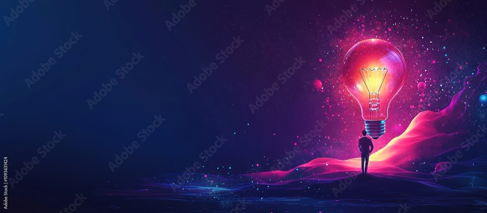 Poster man gazing up at a glowing lightbulb in a starry night sky