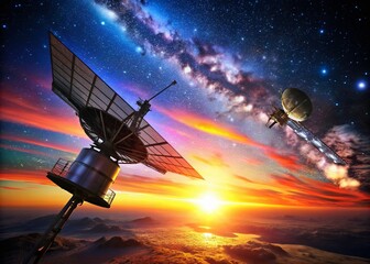 Naklejka premium Stunning Silhouette of a Satellite in Orbit Against a Dusk Sky with Starry Background, Capturing the Essence of Space Exploration and Technology in a Dramatic Scene