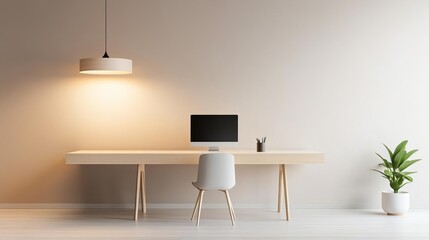 Subtle overhead lighting in a minimalist office, calming and diffused