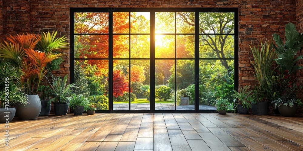 Poster a room with a view: sunlight streaming through a large window into a rustic interior with potted pla