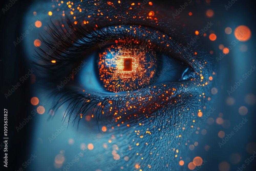 Poster close-up of a human eye with digital data reflected in the pupil