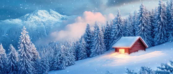Fototapeta premium A red wooden cabin glows warmly against a dramatic winter landscape, featuring snow-covered pine trees and majestic mountain peaks, while pink-tinged clouds and gently falling snow. Generative AI.