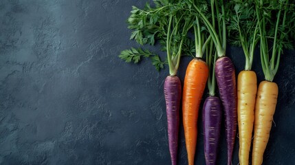 Realistic arrangement of a selection of colorful heirloom carrots (purple, orange, yellow) with their leafy tops, dark gray background