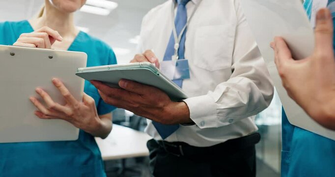 Doctor, hands and nurse with tablet for coaching, training staff or internship programme at hospital. Japanese, closeup or medical team on technology for healthcare development or research at clinic