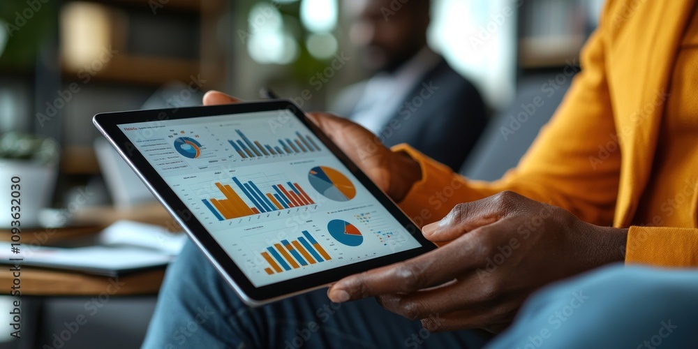 Poster person analyzing data on a tablet computer