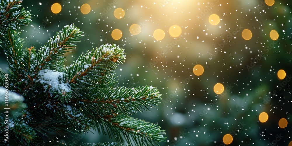 Poster A Close-Up View of a Pine Tree Branch Covered in Snow with a Bokeh Background of Golden Lights