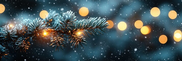 Naklejka premium A Snowy Pine Branch with Golden Lights in the Night Sky