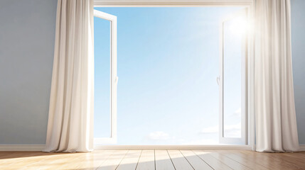 Fototapeta premium Sunlight illuminating empty room with open window showing beautiful blue sky, perfect for backgrounds and architecture visualization