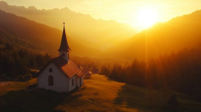 Breathtaking sunrise casts golden light over charming small church nestled in the mountains