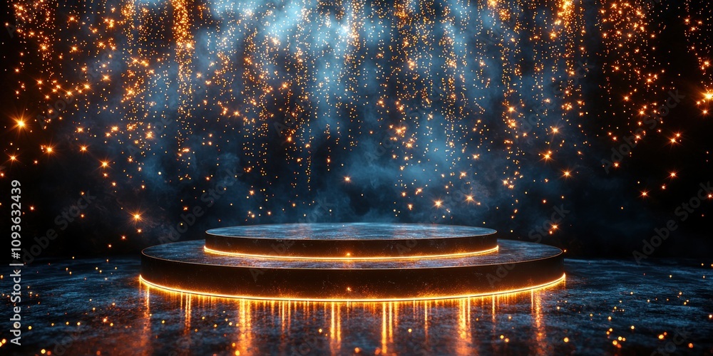 Poster black circular platform with gold sparkles and glowing edges