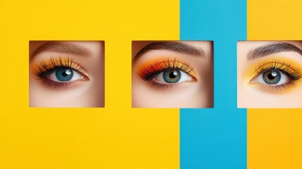The vibrant yellow and blue background showcases three distinct eye makeup styles, each featuring bold colors, intricate designs, and varied lash applications that emphasize artistic beauty