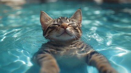 playful kitten floats on its back in a clear blue pool, eyes closed in blissful relaxation